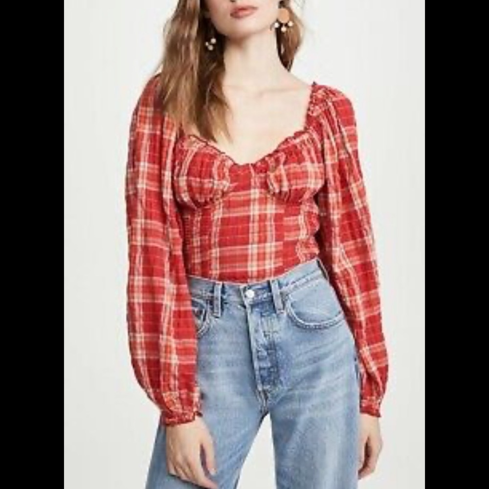Free People Red Plaid Blouse